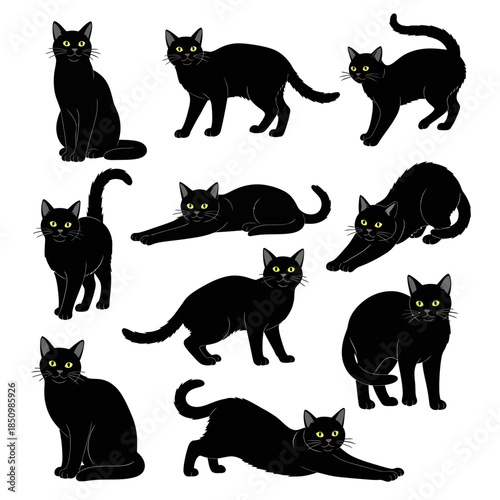 Collection of Black Cats in Various Poses on White Background.