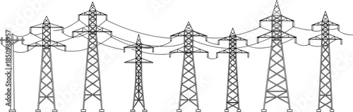High voltage power transmission towers with electric utility lines showcasing detailed energy infrastructure and engineering structure design, cad drawing flat vector illustration