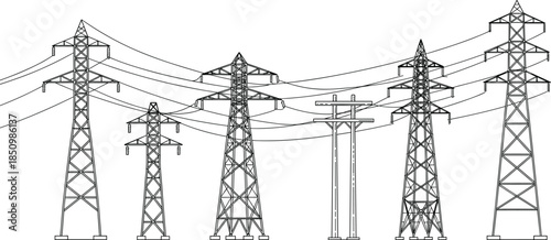 High voltage transmission towers with electric power lines, detailed utility grid infrastructure for engineering and energy projects, cad drawing flat vector illustration