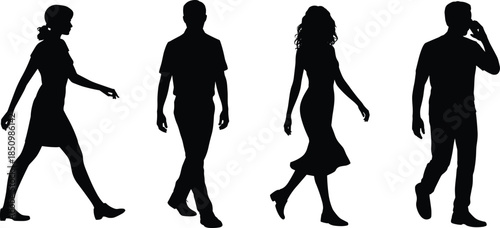 Black silhouette people set walking man and woman vector illustration pedestrian casual lifestyle graphic element isolated on white background