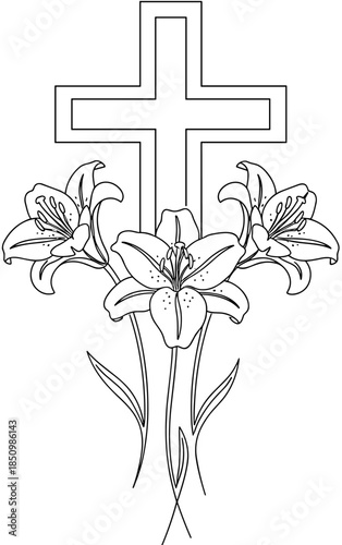 Christian cross with lilies line art illustration, religious easter flowers and crucifix symbol, elegant floral faith design for spiritual celebration