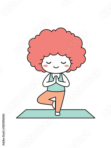 Cute cartoon character doing yoga tree pose.