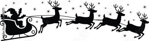 Black silhouette Santa Claus riding sleigh with reindeer flying vector illustration Christmas holiday decoration design graphic element isolated