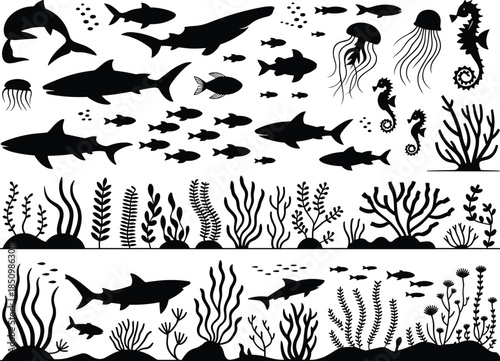 Black silhouette sea animal set shark fish jellyfish vector illustration underwater coral reef seaweed graphic element isolated on white