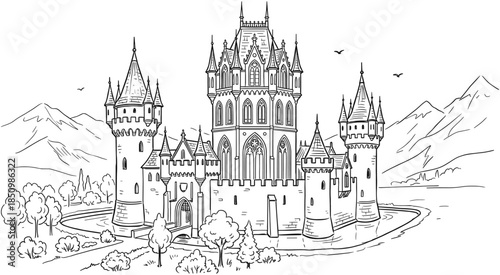 Castle, fortress, palace, mountains, lake, landscape, architecture, medieval, fairytale, fantasy, kingdom, coloring, towers, sketch, illustration.