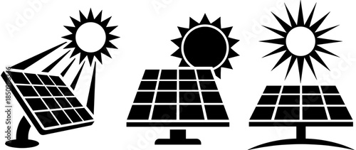 Black solar panel silhouettes with sun icons, renewable energy concept, sustainable power generation symbols, photovoltaic technology, clean green energy resource