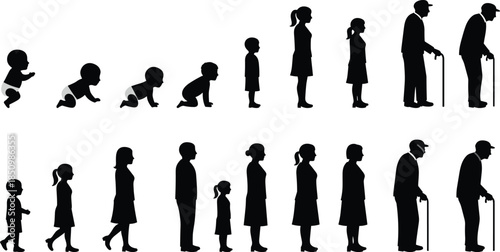 Human life stages silhouette showing growth from baby to elderly, age evolution timeline for education and medical themes, cad drawing flat vector illustration