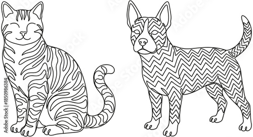 Cat and dog with geometric pattern fur, minimalist line art drawing of domestic pets for coloring book and animal lovers.