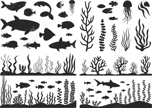 Black silhouette sea animal set whale fish jellyfish vector illustration underwater coral reef seaweed graphic element isolated on white