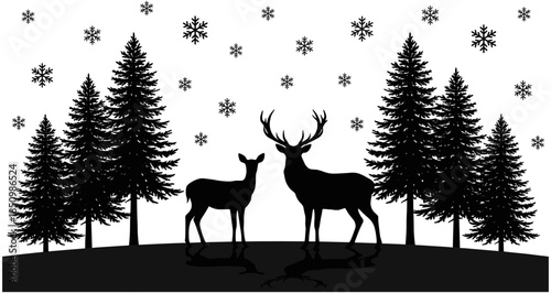 Winter forest landscape with deer silhouette and pine trees under falling snow, black and white seasonal holiday nature illustration.