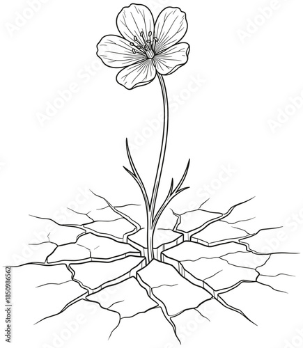 Single flower growing from cracked dry earth ground, minimalist line art drawing symbolizing resilience, hope, growth and strength in adversity.