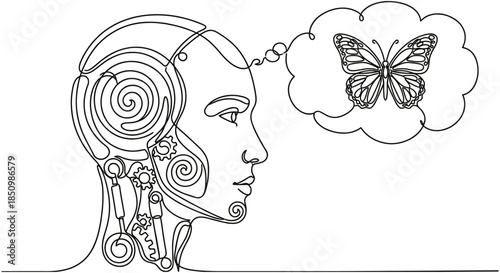 Robot profile head with butterfly thought bubble, continuous line art drawing of artificial intelligence dreaming of nature and mechanical mind.