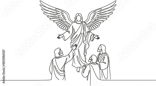 Ascension of Jesus Christ with angels and disciples, continuous one line art drawing of Christian religious scene for spiritual design.