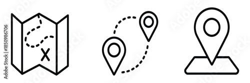 location pin map line icon set featuring compass, map, distance, and direction symbols, minimal vector illustration ideal for navigation apps, travel design, GPS interfaces, and location-based project