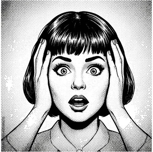 






Surprised young woman with bob haircut holding head in shock, vintage retro pop art comic style black and white illustration.

