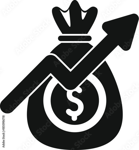 Money bag with increasing arrow symbolizes investment growth, financial success, and return on investment