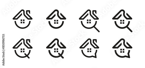 Home with letter o, letter Q, magnifying glass, chat bubble logo design. House icons vector illustration template