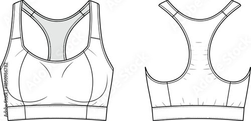Sports bra technical flat sketch, racerback activewear top design, fitness apparel template with stitching details, workout clothing outline, cad drawing flat vector illustration