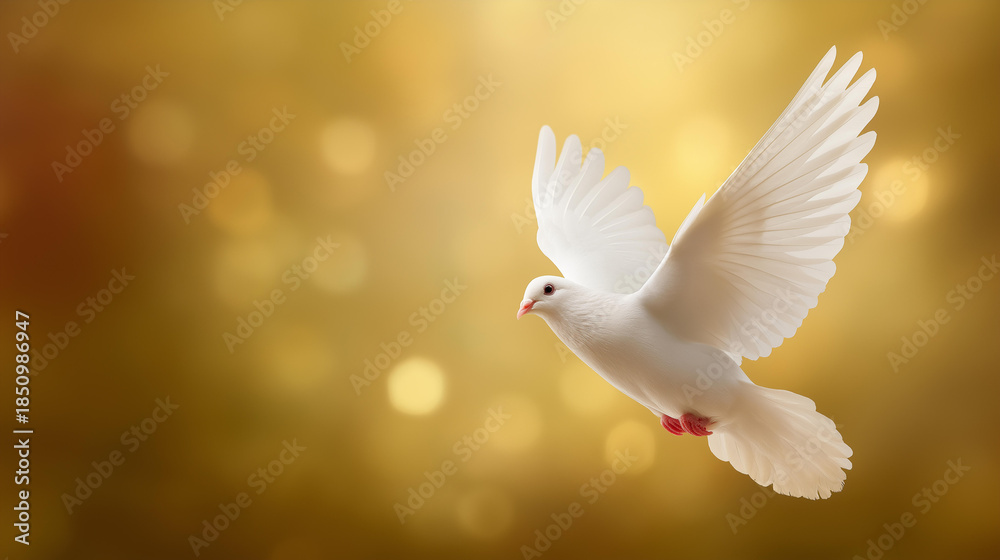 Fototapeta premium Holy Spirit white dove with open wings in golden aura, religious symbolism, spiritual representation, divine presence visualization, sacred spirit imagery, with copy space
