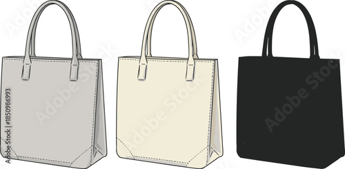 Tote handbag collection in neutral colors, modern fashion accessory design, minimal leather bag style, clean product layout, cad drawing flat vector illustration