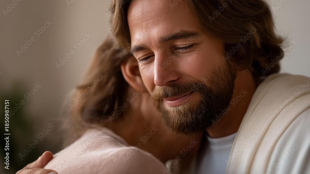 © Denis Yevtekhov - Faceless Jesus embracing person in need, divine comfort, compassionate hug, spiritual consolation, holy figure comforting distressed, religious care gesture, defocused embrace, wit