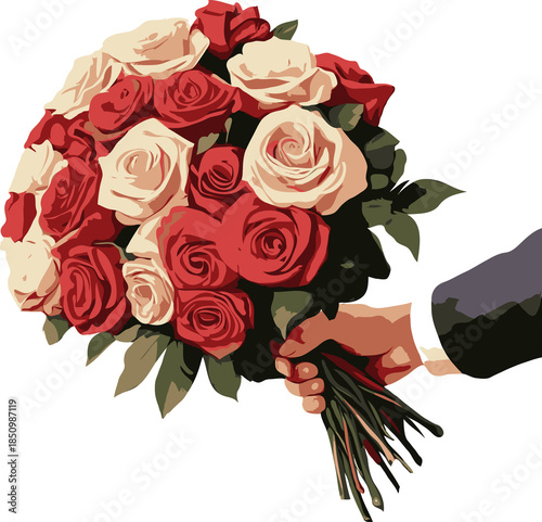 Hand holding bouquet of red and white roses on white background, stylized artwork. Concept of gift, romance, celebration flower delivery