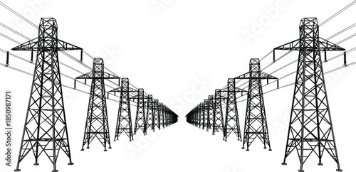 High voltage power transmission towers aligned in perspective view, energy grid infrastructure with electric lines, industrial lattice pylons, cad drawing flat vector illustration