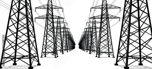 High voltage electricity transmission towers with power lines, energy infrastructure landscape, industrial grid structure, electric pylon silhouette, cad drawing flat vector illustration