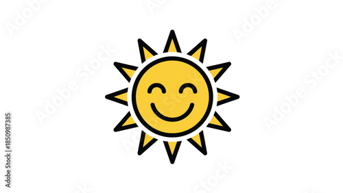 Cute cartoon sun with a happy face and rays.