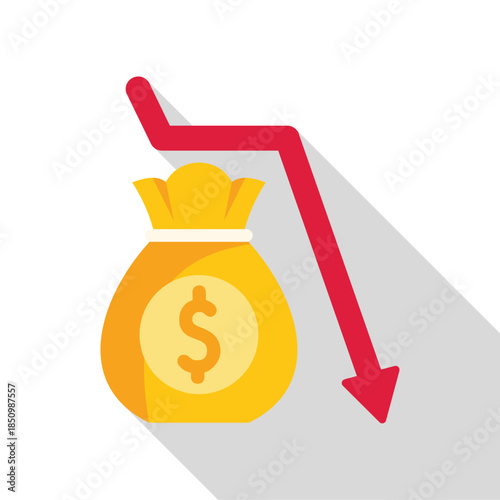Money bag with decreasing graph showing economic decline, concept of financial crisis and investment loss