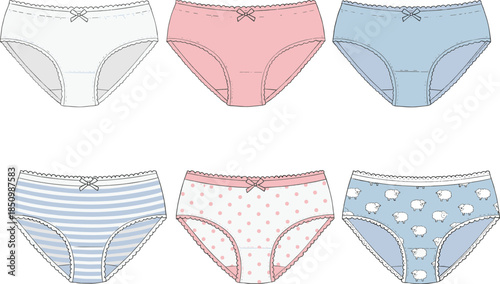 Women underwear panties set in pastel colors, cute patterns, fashion garment design, seamless textile template, cad drawing flat vector illustration