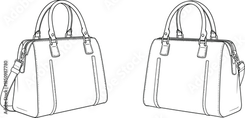 Handbag technical fashion template, detailed front and side views, structured leather purse construction sketch, accessory design outline, cad drawing flat vector illustration