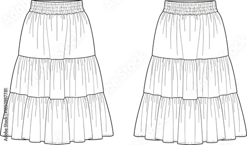 Women tiered maxi skirt technical fashion flat sketch front and back view elastic smocked waist cad vector illustration