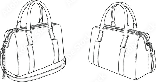 Handbag technical fashion template, detailed front and angled views, structured leather purse construction sketch, accessory design outline for designers, cad drawing flat vector illustration