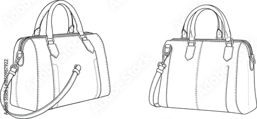 Handbag technical design template, detailed front and side views, luxury fashion accessory construction sketch, structured purse outline, cad drawing flat vector illustration