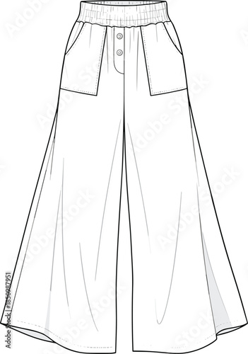 Women wide leg pants technical fashion flat sketch elastic waist button front pockets flowy silhouette cad vector illustration