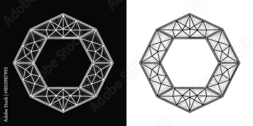 Geometric structure in black and white, showcasing a complex network of lines and shapes forming an abstract design isolated on white background