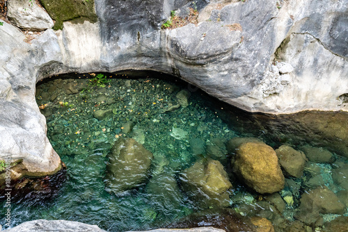 Top-Down View of a Natural Emerald Pool in a Limestone Riverbed with Smooth Boulders and Clear Water