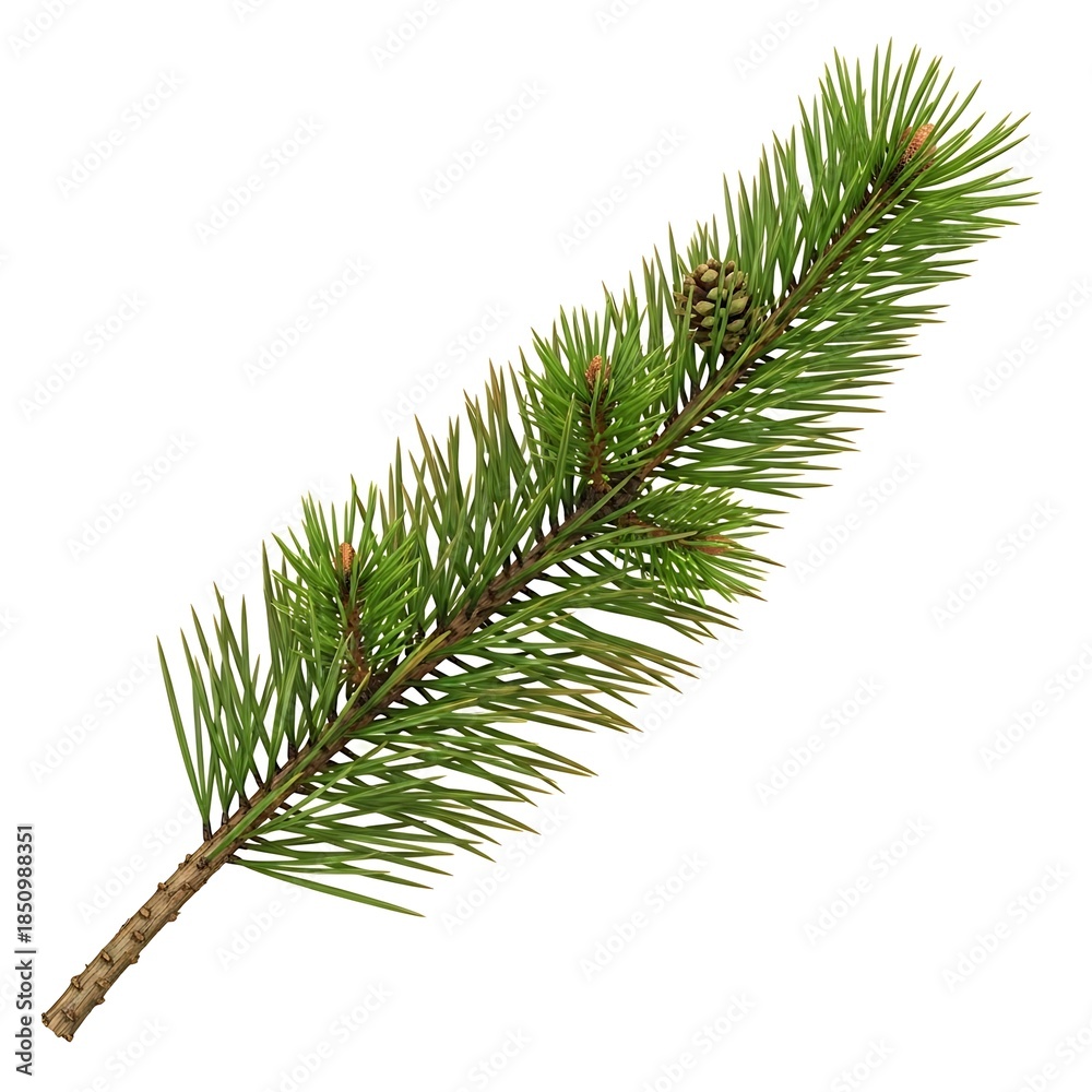 Naklejka premium Pine Branch: This captures the simple beauty of nature, showcasing a fresh pine branch. The close-up view highlights the intricate texture of the needles.
