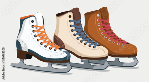 Ice skates winter sport equipment and footwear with skating blade, cold weather activity concept for fun on snow and rink