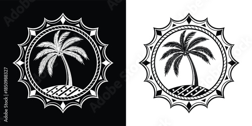 Tropical palm tree emblem with decorative border, presented in both black and white versions, isolated on white background for island vibes
