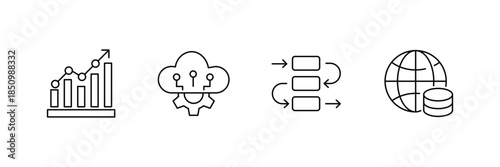 Data strategy icon set, financial growth chart, cloud computing analytics, workflow process arrows, global database storage network outline illustration.