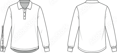 Long sleeve polo shirt technical fashion template, detailed apparel outline front and back view, garment design sketch, cad drawing flat vector illustration