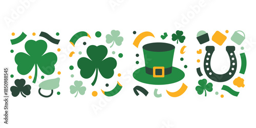 Four festive St Patricks Day graphic elements including shamrocks, a leprechaun hat, and a horseshoe