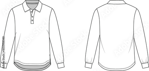 Long sleeve polo shirt technical fashion template, detailed apparel sketch, garment design blueprint, cad drawing flat vector illustration front back