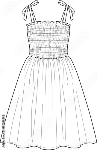 Women smocked summer dress technical fashion flat sketch tie shoulder straps elastic bodice midi length cad vector illustration