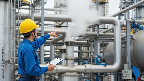 Industrial Worker in Oil Refinery Monitoring Operations with Safety Helmet, Blue Work Uniform, and Pipelines