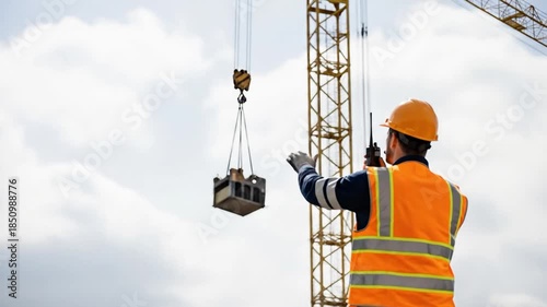Safety-Conscious Male Construction Worker in Orange Vest and Hard Hat Coordinating Crane Operations