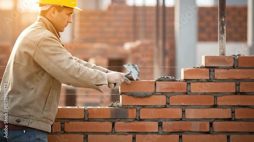 Construction Worker Laying Brick Wall - Skilled Masonry in Progress