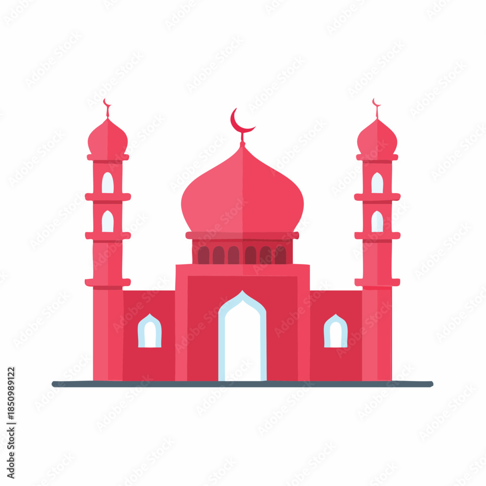 Obraz premium Vibrant Islamic Mosque Illustration with Minarets and Crescent in Flat Design Style